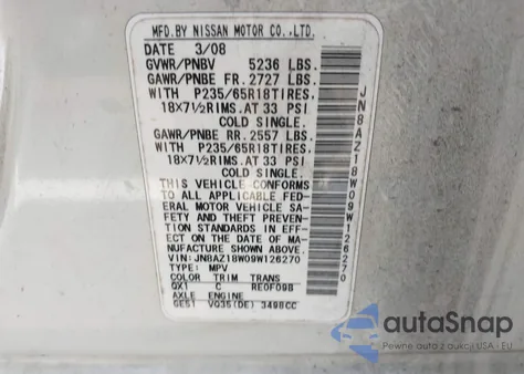 2009 Nissan Murano S z USA, uszkodzony, nr VIN JN8AZ18W09W126270